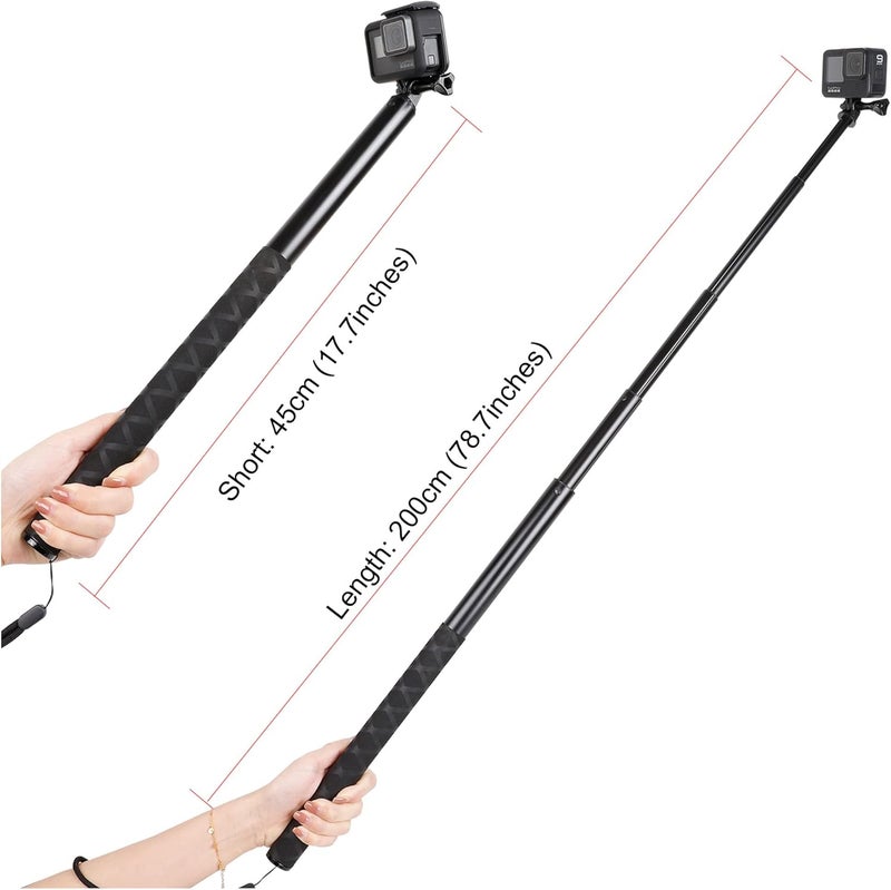PELLKING 79inch Long Selfie Stick for GoPro 13/12 11 10 9 8 7 6 5 Blcak 4 Silver Go Pro Max Session, DJI Osmo Action 5 4 3 2,AKASO,Insta360 One RS R Cameras, 45-200cm Extendable Pole Monopod - Image 4